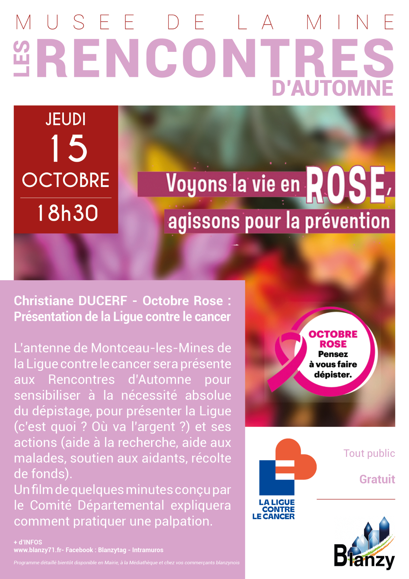 La ligue contre le cancer aux rencontres d'automne jeudi 15 octobre à 18h30 à blanzy